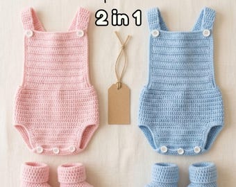 Virkat 2-i-1-mönster, unisex sparkdräkt och tossor, paket för nyfödda till 9 månader, enkelt presentpaket för spädbarn, virkhandledning för babykläder i PDF-format.