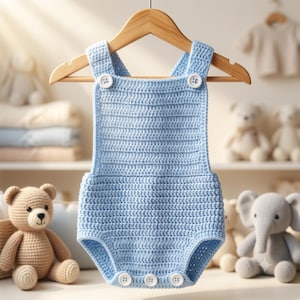 May include: A light blue crochet romper featuring a square neckline, two white buttons on the shoulder straps, and three white buttons along the bottom edge. The garment is constructed with a consistent horizontal stitch pattern throughout.