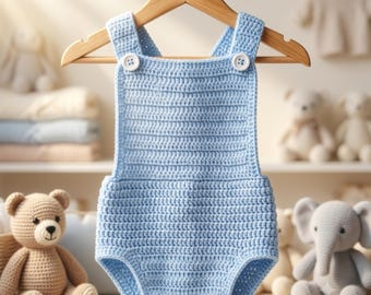 Mönster för virkad babysparkdräkt, nyfödd till 12 månader, virkade överrockar med korsrygg, gör-det-själv-sparkdräkt med knappar, enkel unisex-outfit, digital nedladdning i PDF-format.