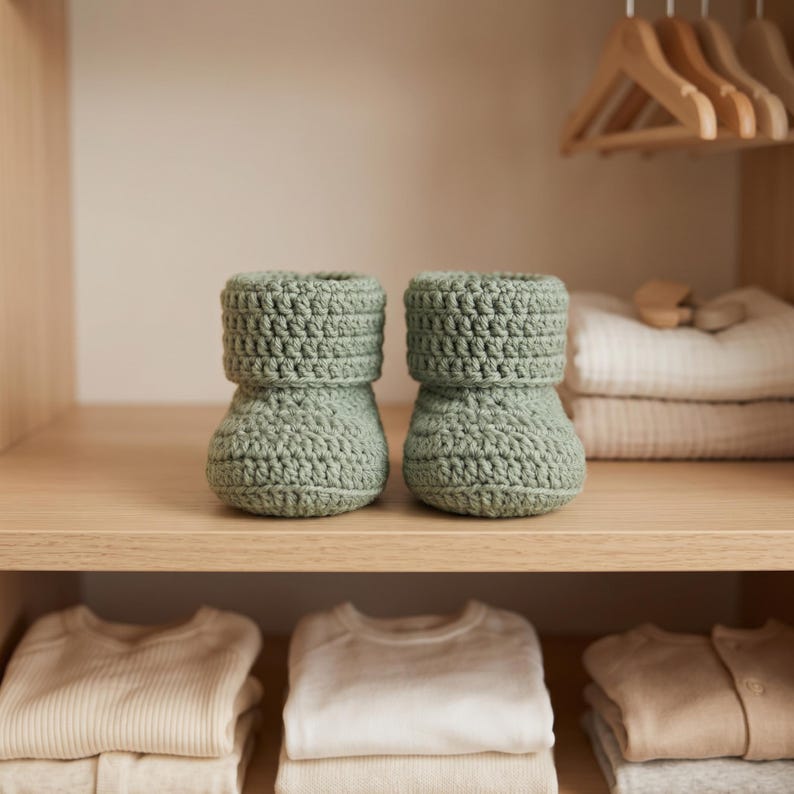 Pu&ograve; includere: Un paio di stivaletti da bambino all'uncinetto verde salvia. Gli stivaletti sono fatti a mano con un punto strutturato e hanno un polsino ripiegato. Sono esposti su una mensola di legno con altri vestiti per bambini e grucce di legno sullo sfondo.