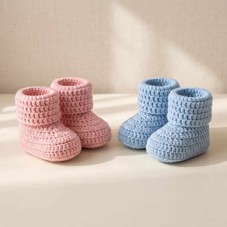 Pu&ograve; includere: Quattro scarpine da neonato all'uncinetto fatte a mano. Sono visibili due paia: un paio rosa chiaro e l'altro azzurro chiaro. Le scarpine hanno un design con risvolto. Il filato appare morbido e le cuciture sono strette.