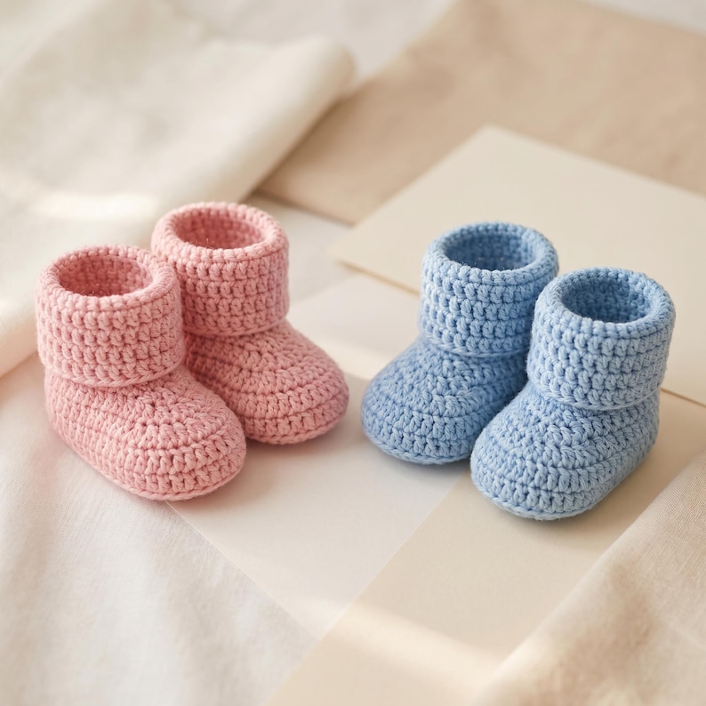Pu&ograve; includere: Due paia di scarpine fatte a mano per neonati. Un paio &egrave; rosa chiaro, l'altro azzurro. Le scarpine sono lavorate all'uncinetto con un design a risvolto. La consistenza morbida e i colori suggeriscono un articolo per neonati fatto a mano e accogliente.
