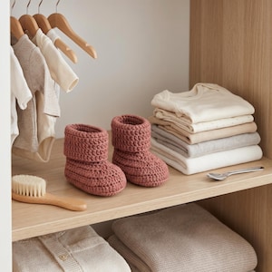 Pu&ograve; includere: Un paio di scarpine da neonato all'uncinetto color rosa antico. Le scarpine sono esposte su una mensola di legno con una pila di vestiti per bambini piegati in colori neutri. Sono presenti anche una spazzola di legno e un cucchiaino.