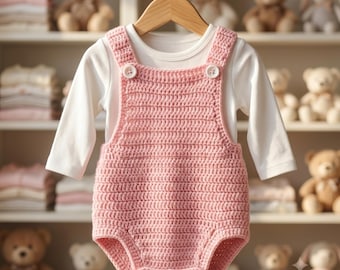 Mönster för virkad babysparkdräkt, nyfödd till 12 månader, virkade överrockar med korsrygg, gör-det-själv-sparkdräkt med knappar, enkel unisex-outfit, digital nedladdning i PDF-format.