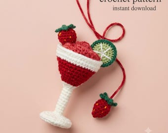 Mönster för virkad väska, jordgubbsdaiquiri-nyckelring, amigurumi-väska, tillbehör, enkel virkad cocktailberlock, DIY-dekor, direkt PDF-nedladdning