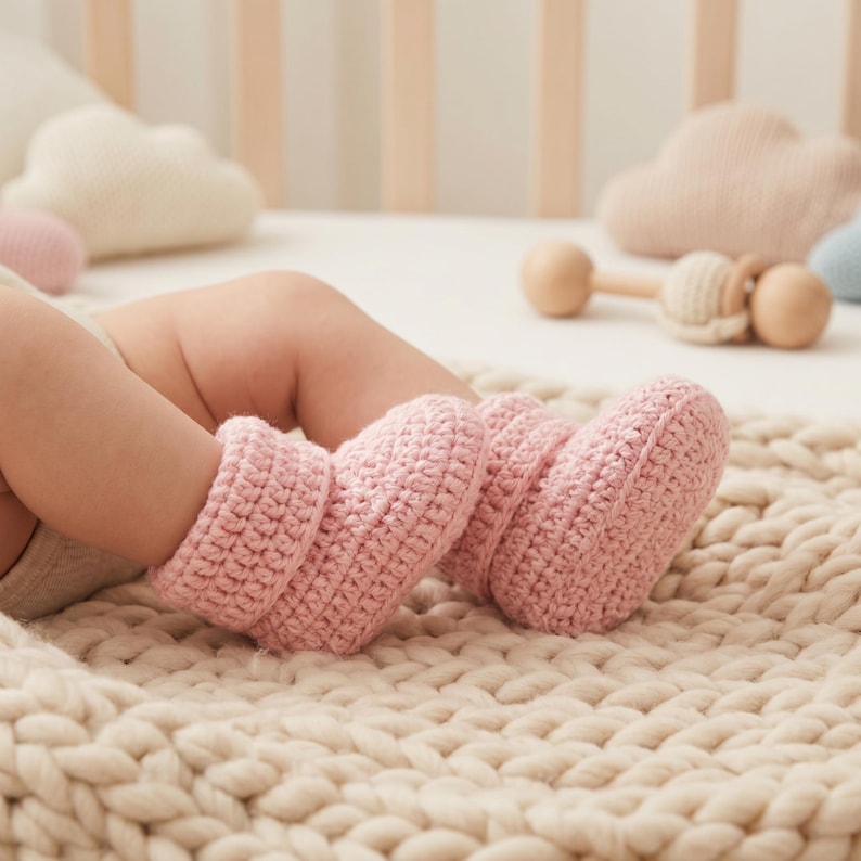 Pu&ograve; includere: Un paio di scarpine da neonato all'uncinetto rosa chiaro. Le scarpine sono su una coperta di lana color crema. Le gambe del bambino sono visibili, con le scarpine che coprono i piedi. Lo sfondo include una culla e giocattoli morbidi.