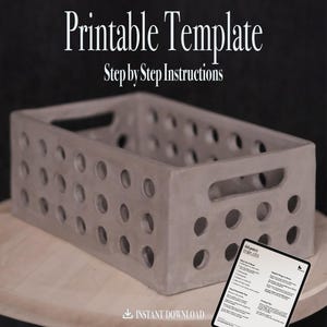 May include: A gray rectangular storage bin with circular cutouts and handles. The text "Printable Template Step by Step Instructions" is at the top. A tablet with text is next to the bin. The words "Instant Download" are at the bottom.