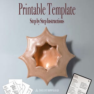 May include: A printable template with step-by-step instructions. The image features a star-shaped candle holder with a lit candle inside. Accompanying the candle holder are printed templates and a tablet displaying instructions. The words "Instant Download" are also visible.