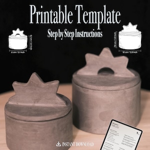 Puede incluir: Dos recipientes de hormigón gris con tapas en forma de estrella, uno abierto. La imagen incluye el texto "Printable Template Step by Step Instructions" y medidas en cm. También se muestra una plantilla descargable.