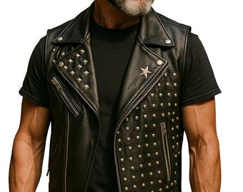 Men's Studded Leather Biker Vest - Spiked Punk Motorcycle Jacket.