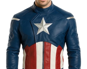 Men's Captain America Leather Jacket, Superhero Cosplay Motorcycle Biker Style