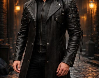 Mens Black Leather Trench Coat, Leather handmade Long Coat, Goth Winter Jacket.