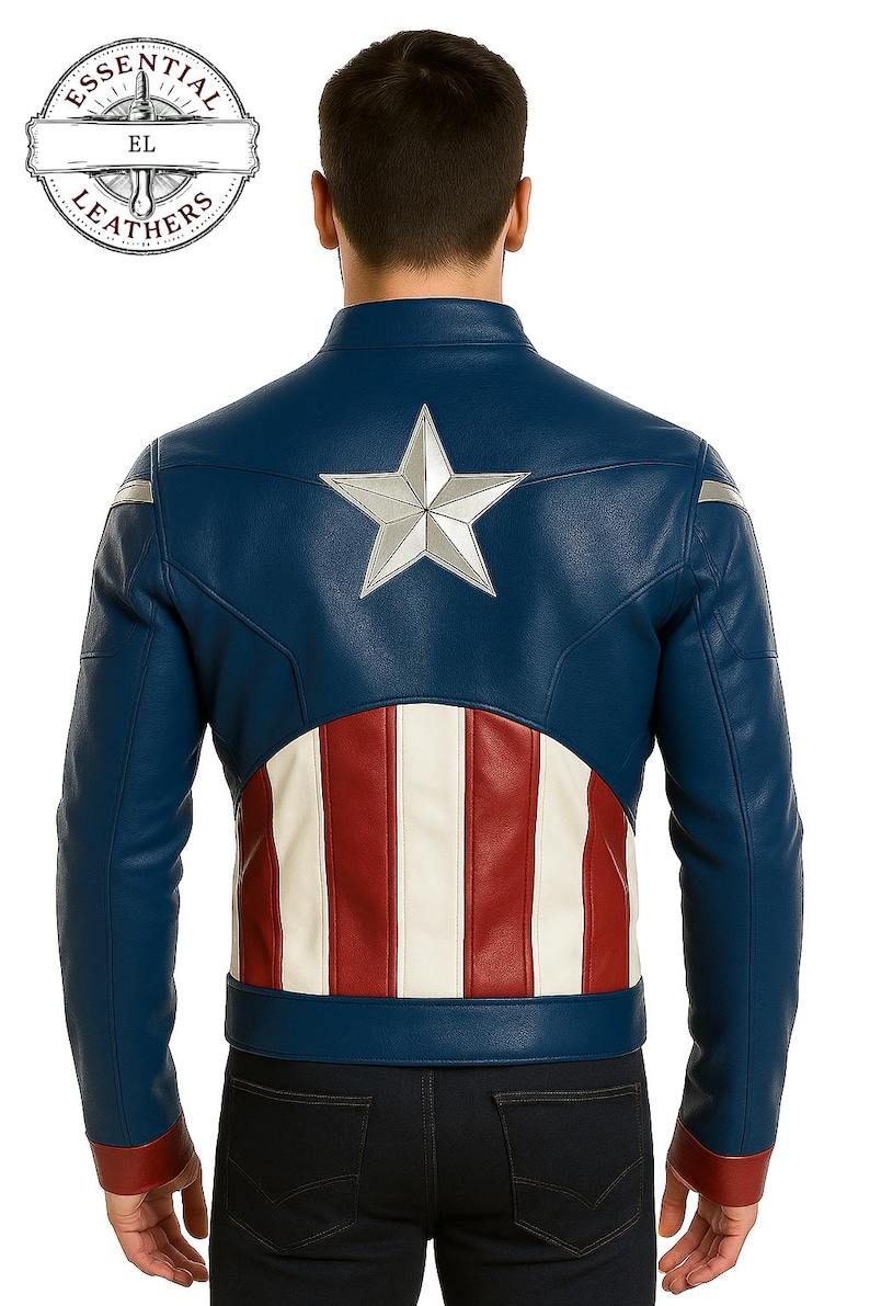May include: A navy blue leather jacket with a silver star on the back. The jacket features red and white stripes at the lower back, and silver accents on the sleeves. The Essential Leathers logo is visible.