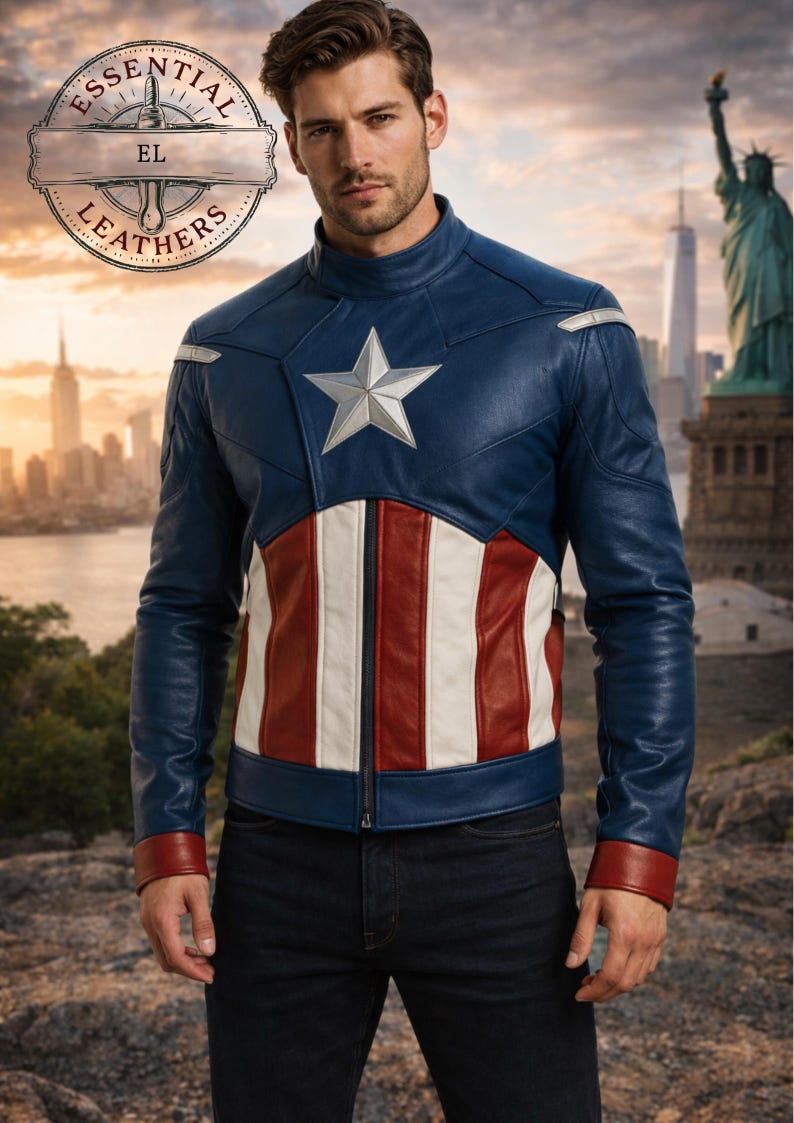 May include: A blue, red, and white leather jacket with a star emblem. The jacket features a design inspired by a superhero, with a zipper closure and red cuffs. The background shows a cityscape and the Statue of Liberty.