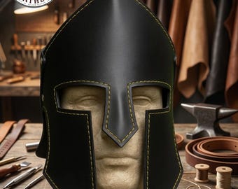 Handmade Black Leather Spartan Helmet, Medieval Greek Armor, LARP Cosplay