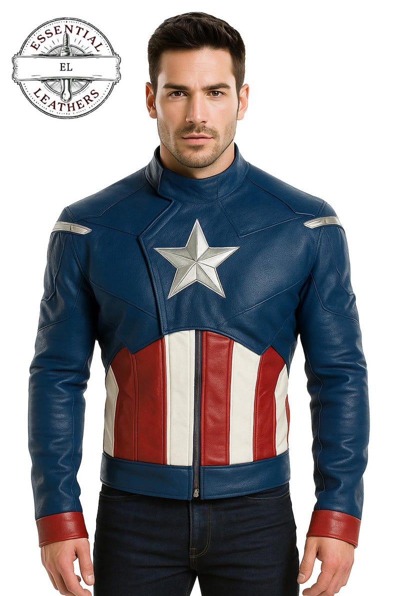 May include: A blue leather jacket with a silver star emblem and red, white, and blue accents. The jacket features a zipper closure and a stand-up collar. The Essential Leathers logo is visible in the upper left corner.