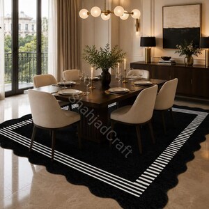 Hand Tufted Loop Pile Black Rug | Scalloped Border Area Rug | Modern Wool Blend Rug | Handmade Custom Size Rug | Luxury Carpet
