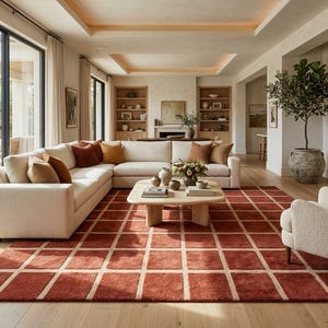 Hand Tufted Rust Red Wool Rug, Cream Geometric Grid Area Rug, Brick Pattern Modern Carpet, Custom Size Living Room Rug