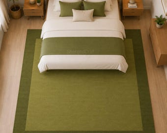 Hand Tufted Wool Rug, Olive Green Sage Border, Modern Minimalist Carpet