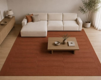 Hand Tufted Terracotta Wool Rug | Modern Minimalist Area Rug | Geometric Handmade Rug | Luxury Living Room Carpet | Custom Size Rug