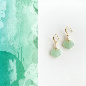 Elegant Green Glass Liuli Cloud Earrings with Pearl & Micro-Set Zircon, Handmade Chinese Style Jewelry, Gift for Her