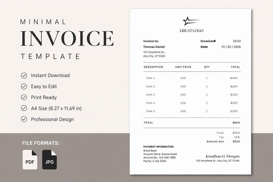 Simple Invoice Template Editable Canva Invoice for Freelancers, Minimal ...