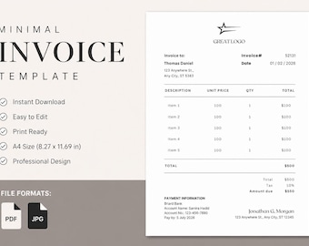 Eenvoudige factuursjabloon bewerkbare Canva-factuur voor freelancers, minimale professionele factuursjabloon, afdrukbare factuur voor kleine bedrijven