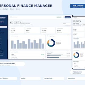 May include: A digital personal finance manager interface displayed on desktop and mobile screens. The dashboard features data visualizations including bar charts, a donut chart, and financial summaries for income, spending, and account balances.