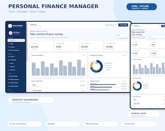 Personal Finance Planner | Budget Planner, Expense Tracker, Spending Log, Money Manager & Savings Tracker | Offline HTML Digital Download