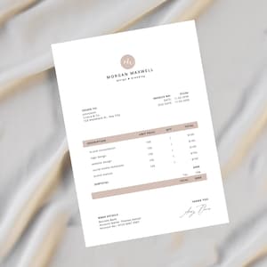 May include: A white invoice featuring the text "Morgan Maxwell Design & Branding" in a soft, neutral colour scheme. The invoice includes details such as invoice number, date, and a breakdown of services like brand consultation and logo design.