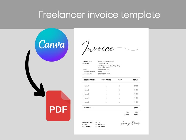 Invoice In Cursive Contractor Invoice Template Editable Canva | Construction Invoice, Self ...
