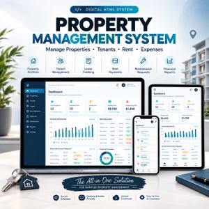 Può includere: Un sistema digitale di gestione immobiliare visualizzato su un computer portatile, un tablet e uno smartphone. Gli schermi mostrano dashboard con dati immobiliari, grafici finanziari e informazioni sugli inquilini.