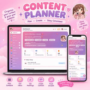 May include: A digital content planner interface displayed on a laptop screen and a smartphone. The dashboard features a pink and purple gradient theme with icons for scheduling, tracking, and organizing social media posts, including text labels like Content Planner, Plan, Create, Stay Consistent, and Desktop + Mobile Friendly.