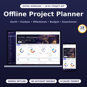 Puede incluir: Un planificador de proyectos 18 en 1 de descarga digital con interfaz azul oscuro que incluye herramientas Gantt, Kanban, hitos, presupuesto y Eisenhower. La pantalla muestra un panel con gráficos y datos en portátil y móvil.
