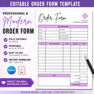Puede incluir: Una plantilla de formulario de pedido blanca con detalles en morado y el texto "EDITABLE ORDER FORM TEMPLATE". El formulario incluye campos para los detalles del cliente y las descripciones de los artículos.