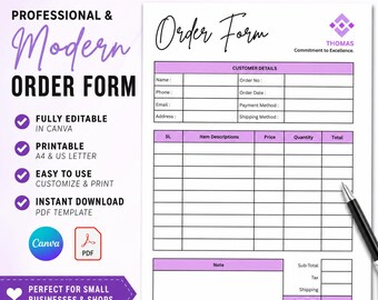 Aangepaste bestelformuliersjabloon, bewerkbaar en afdrukbaar Canva-formulier, aankoopformulier voor kleine bedrijven, Ambachtelijk bestelformulier, A4 en US Letter