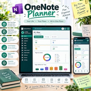 May include: A digital OneNote Planner displayed on a laptop and smartphone screen, featuring a dashboard with daily, weekly, and monthly views, task tracking, goal setting, and habit monitoring tools, alongside a physical notebook and sticky notes.