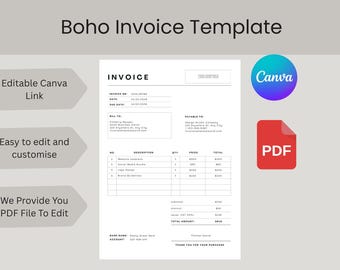 Boho-factuursjabloon, Canva bewerkbare zakelijke factuursjabloon, minimalistische factuur, factuur voor kleine bedrijven, modern boho-factureringsformulier