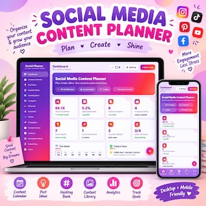May include: A digital social media content planner displayed on a laptop screen and a smartphone. The interface features a dashboard with analytics, post scheduling, and content organization tools in a purple and pink gradient theme.
