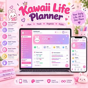 Cute Kawaii Life Planner, Interactive HTML Web App, Habit, Budget & Mood Tracker, Daily Weekly Monthly Organizer, ADHD-Friendly Goal Planner