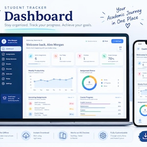 May include: A digital student tracker dashboard displayed on a laptop screen and a smartphone. The interface features sections for assignments, study sessions, grades, and course progress with charts and graphs. Text includes Student Tracker Dashboard.