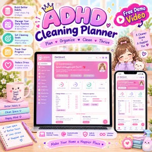 May include: A digital ADHD Cleaning Planner displayed on a laptop and smartphone screen, featuring a pink and purple interface with dashboard metrics, habit trackers, and task lists, surrounded by a pink mug and a notebook.