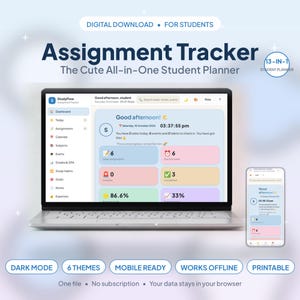 May include: A digital assignment tracker planner displayed on a laptop and smartphone screen. The interface features a dashboard with task summaries, progress percentages, and navigation menus. Text includes Assignment Tracker, The Cute All-in-One Student Planner, 13-IN-1, and StudyFlow.