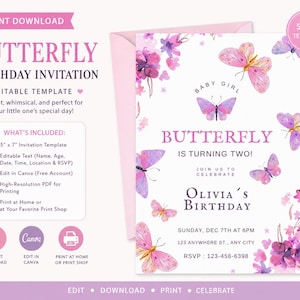Op de afbeelding: Een roze en paarse verjaardagsuitnodiging met vlinderthema. De uitnodiging bevat de tekst "Butterfly Birthday Invitation" en "Olivia's Birthday". De sjabloon is 12,7 cm x 17,8 cm en bevat bewerkbare tekst.