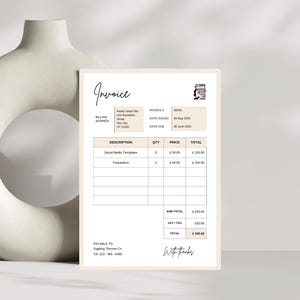 May include: An invoice with a beige and white color scheme. The document includes fields for billing address, description, quantity, price, and total. The invoice is signed at the bottom. A decorative vase is in the background.