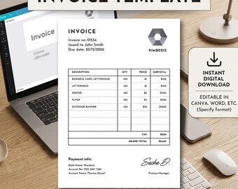 Bewerkbaar factuursjabloon | Professionele factureringsfactuur | Afdrukbare en digitale pdf Excel Word | Sjabloon kwitantie voor kleine bedrijven