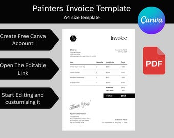 Factuursjabloon schilder en binnenhuisarchitect Bewerkbare canva-factuur met automatische valutasymbolen Afdrukbaar schilderij Aannemer direct downloaden