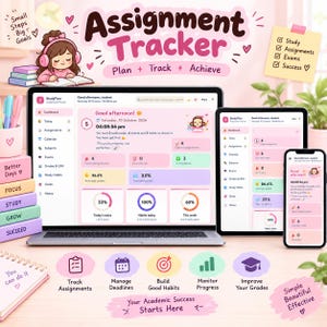 Assignment Tracker, Student Planner App, Academic Planner, Homework Organizer, Exam Planner, Grade Tracker, Study Schedule, HTML Dashboard