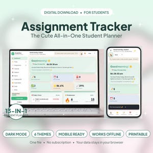 Op de afbeelding: Een digitale opdrachtenplanner voor studenten weergegeven op een laptopscherm en een smartphonescherm. De interface bevat een dashboard met takenlijsten, voortgangspercentages en kalenderpictogrammen in een lichtgroen kleurenschema.