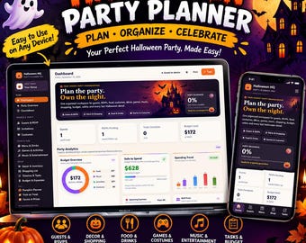 Halloween Party Planner Dashboard | Halloween Budget Planner, Guest List, Costume Tracker, Candy Expenses & Countdown | Interactive HTML